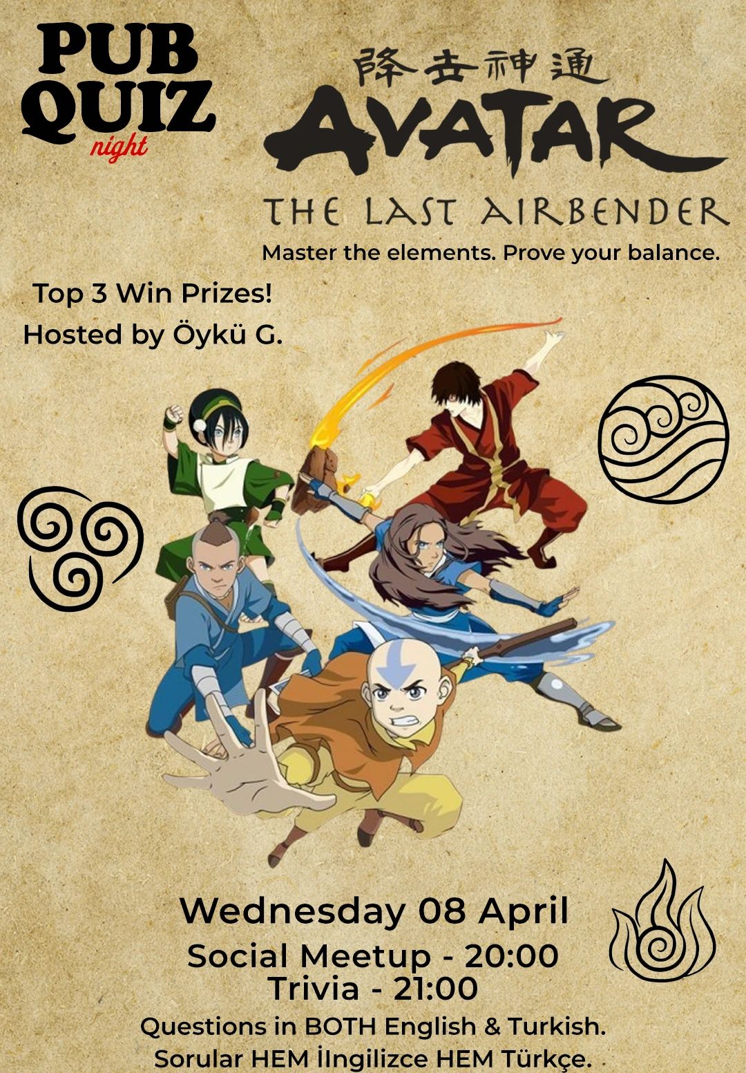 Pub Quiz Night on Avatar the Last Airbender: Questions in BOTH English & Turkish