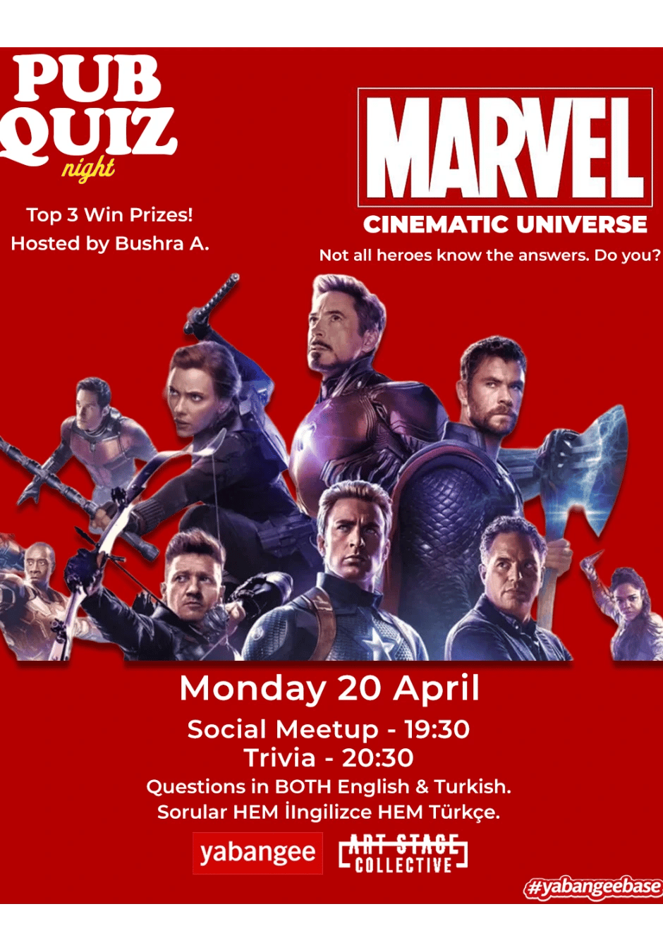 Pub Quiz Night on Marvel Cinematic Universe: Questions in English & Turkish