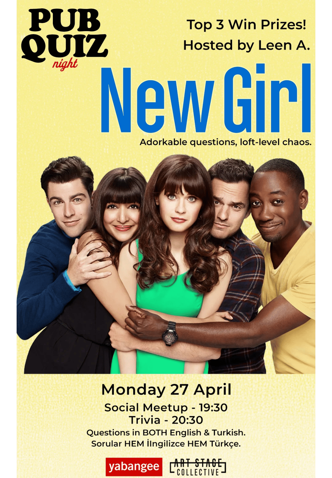 Pub Quiz Night on New Girl (TV Series): Questions in English & Turkish