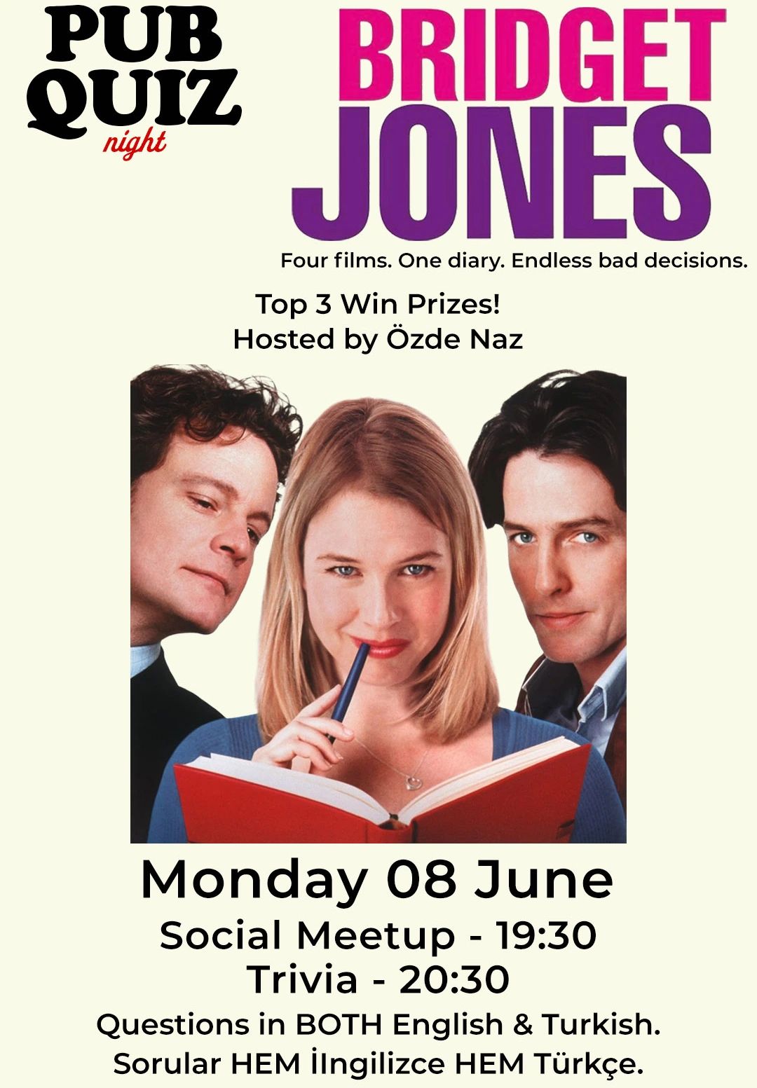 Pub Quiz Night on Bridget Jones: Questions in English and Turkish